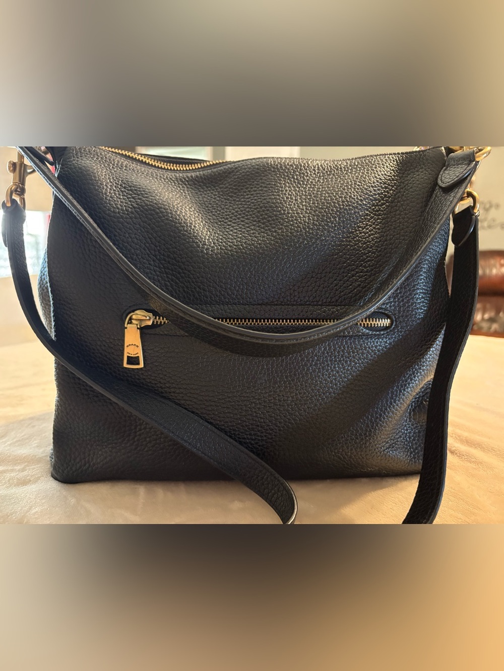 Coach Black Pebbled Leather Hobo with Gold Zipper